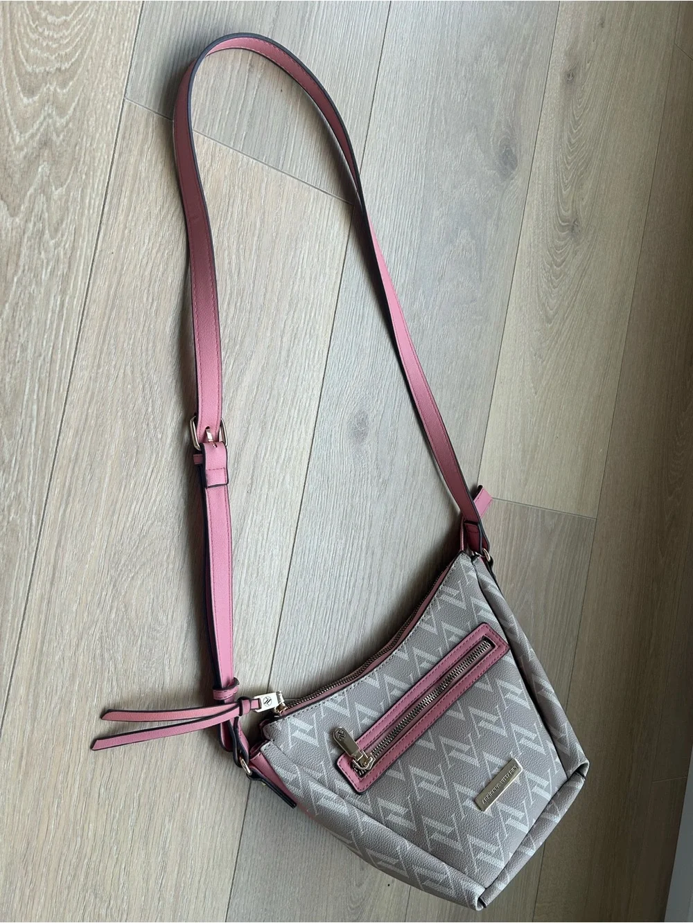 Adrienne Vittadini Monogram Crossbody Bag Pink Trim